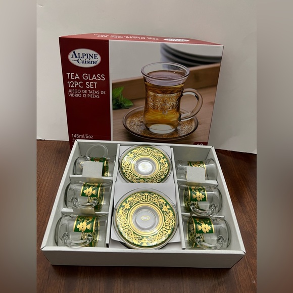 Alpine Cuisine Tea Glass Set With Saucer Gold/Green Design 12 Pc - Picture 11 of 16
